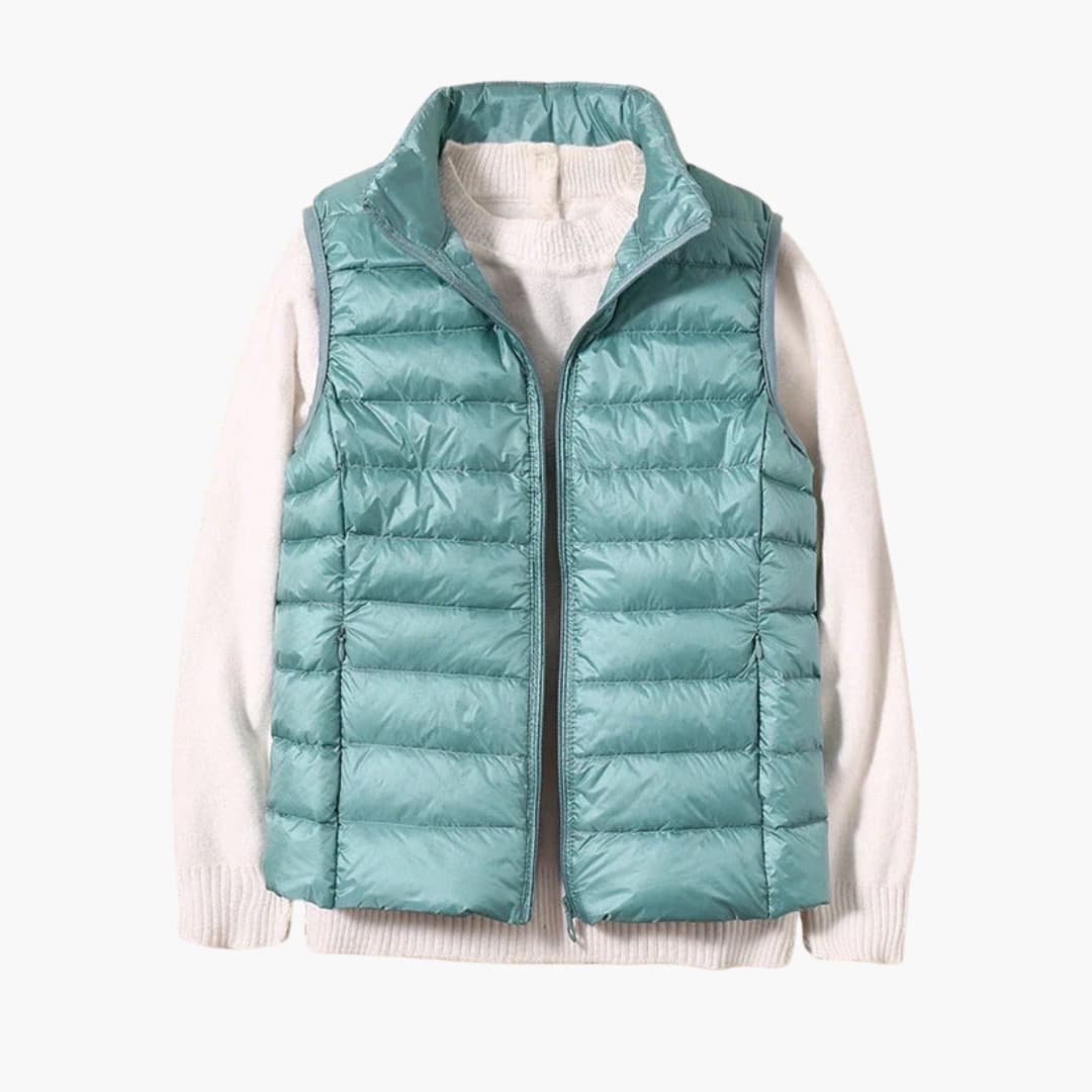 Women's sleeveless down jacket with zip closure