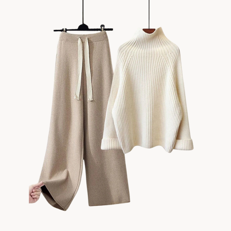 Ensemble maille deux pièces femme | Demi col roulé, pantalon large | Coupe ample confortable pour mi saison et temps frais
