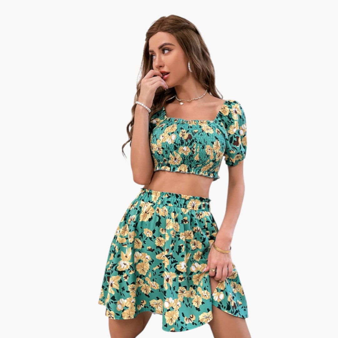 Ensemble Femme Top Fleuri et Jupe Taille Élastique