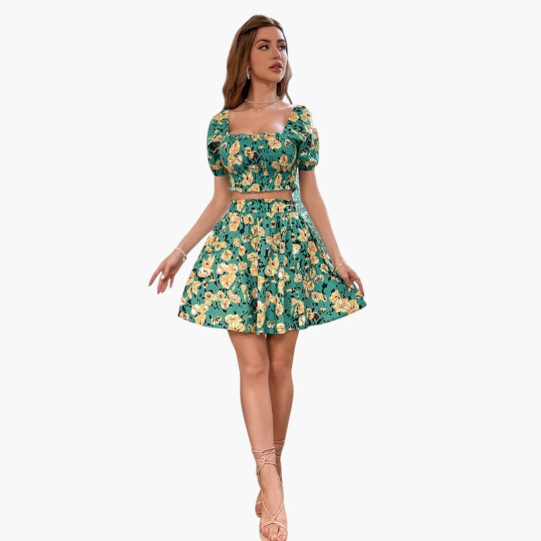 Ensemble Femme Top Fleuri et Jupe Taille Élastique