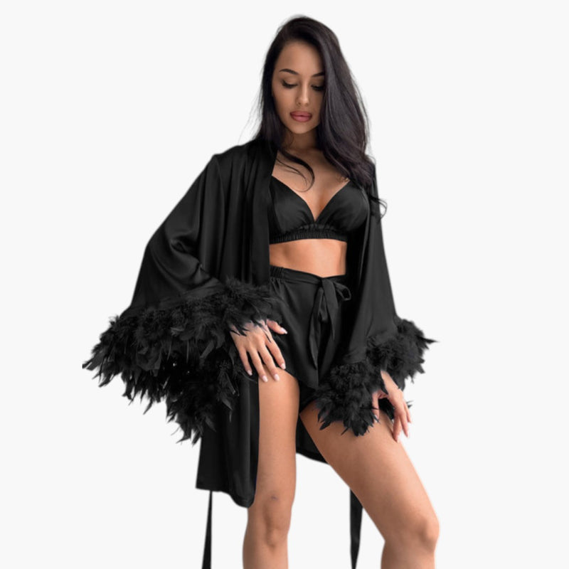 Ensemble Femme Trois Pièces avec Bordure de Plumes