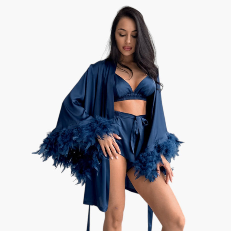 Ensemble Femme Trois Pièces avec Bordure de Plumes