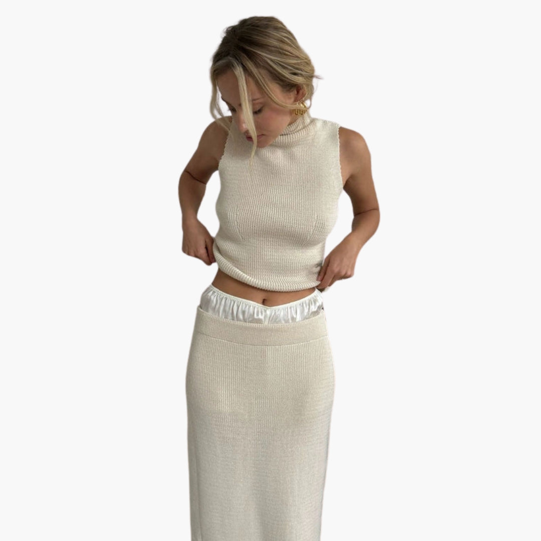 Ensemble Jupe Femme avec Surface Côtelée et Col Montant