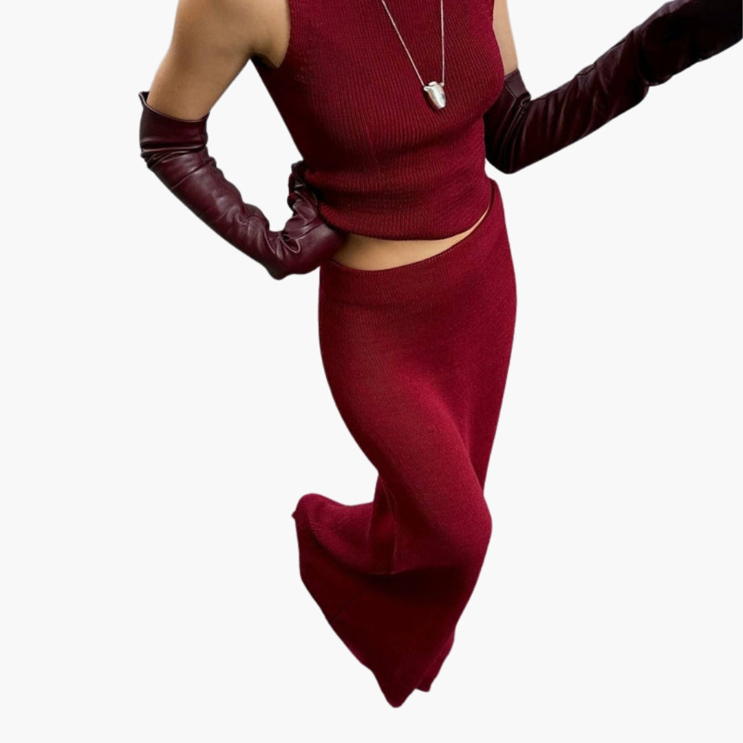 Ensemble Jupe Femme avec Surface Côtelée et Col Montant