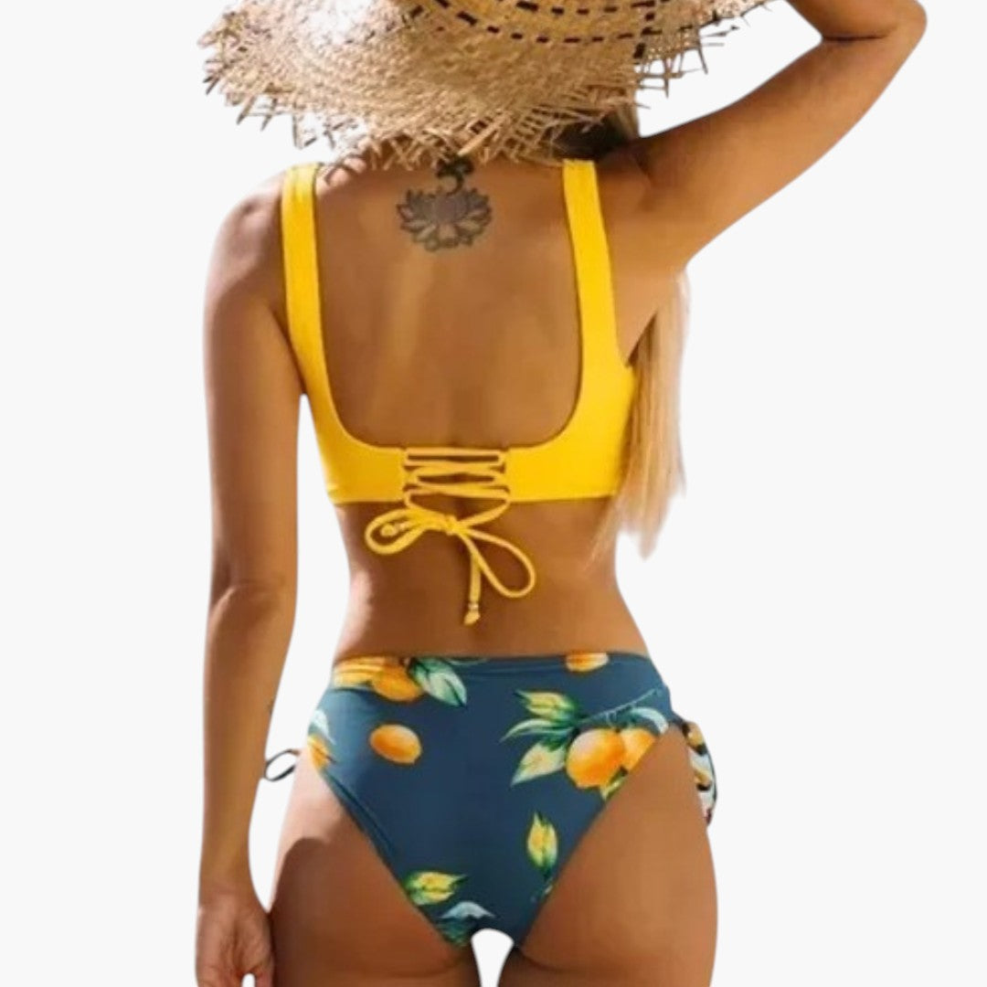 Women's bikini set with crisscross straps and floral print
