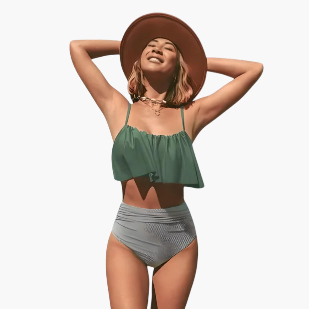 Women's two-piece swimsuit set with ruffled top