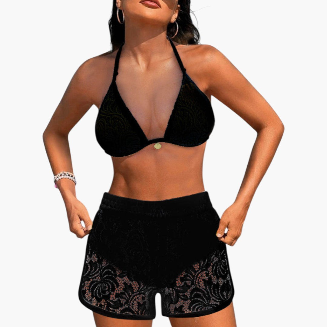 Conjunto de biquíni para mulheres com calção em renda