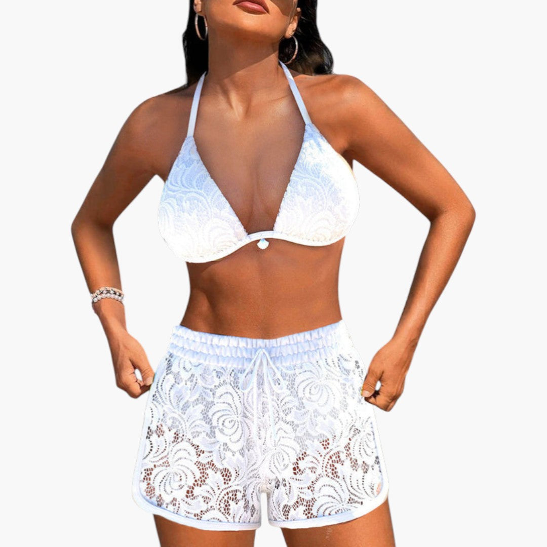 Conjunto de biquíni para mulheres com calção em renda