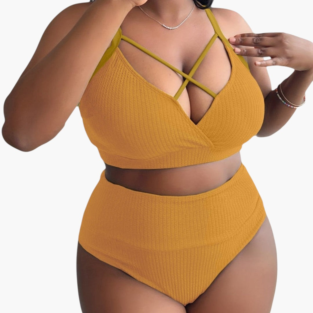 Plus-size women's two-piece swimsuit set with high-waisted bottoms