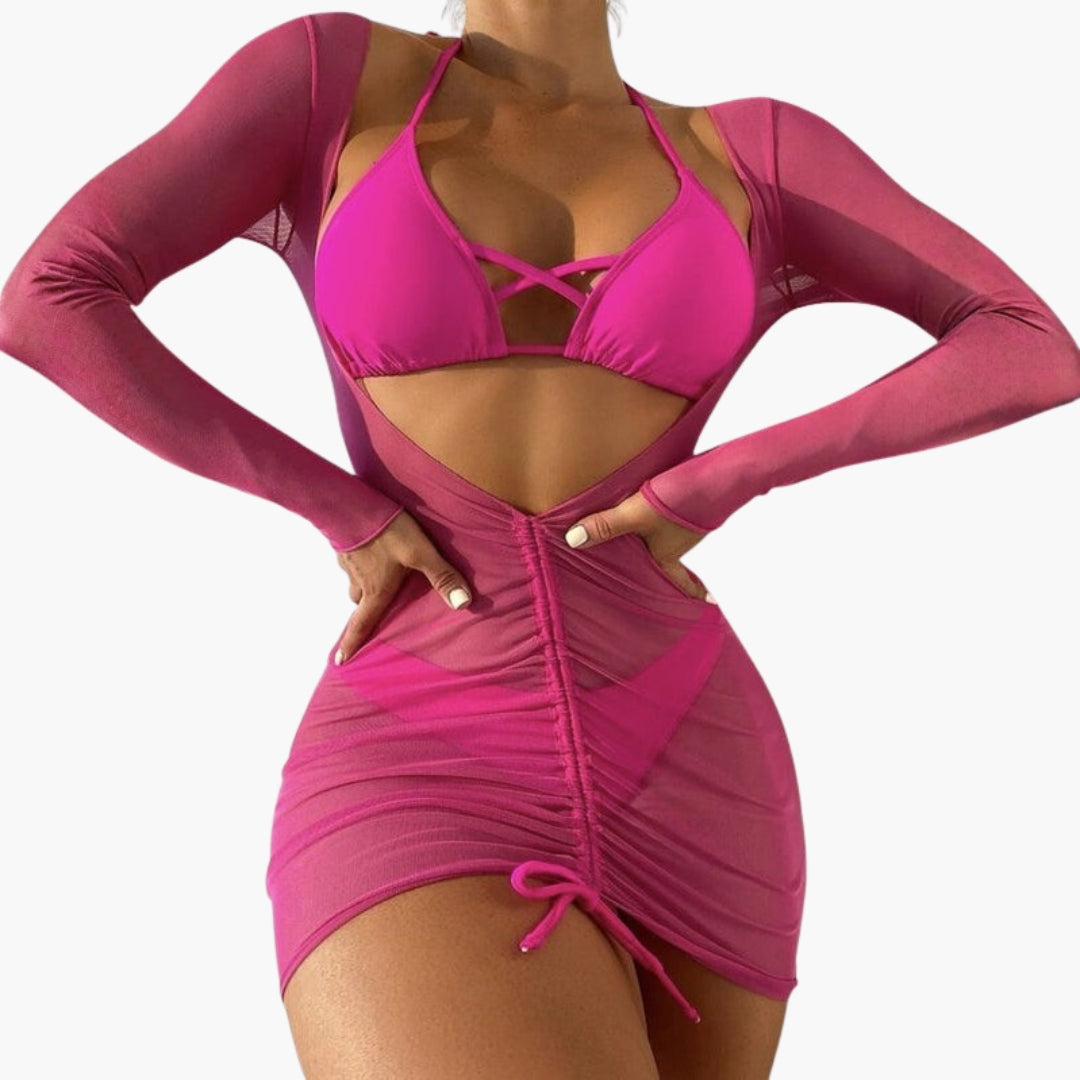 Ensemble bikini trois pièces femme a jupe longue en gaze