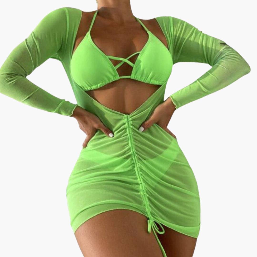 Ensemble bikini trois pièces femme a jupe longue en gaze
