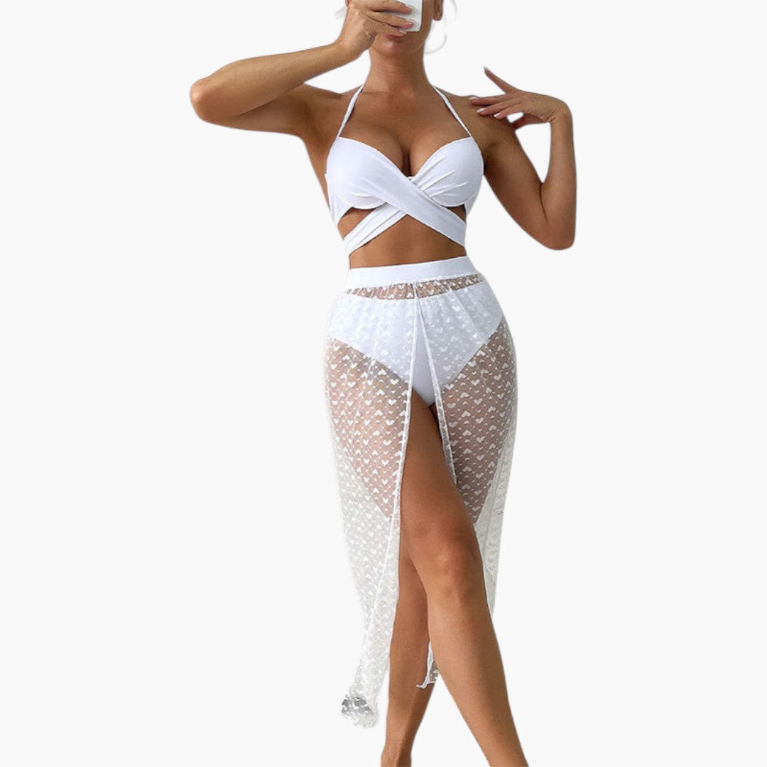 Ensemble bikini trois pièces femmes a jupe en maille