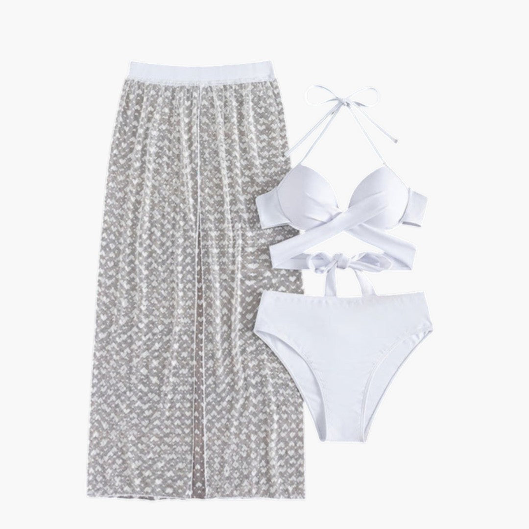 Ensemble bikini trois pièces femmes a jupe en maille