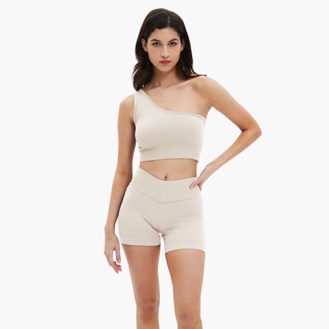 Completo corto sportivo donna con top e pantaloncini a coste