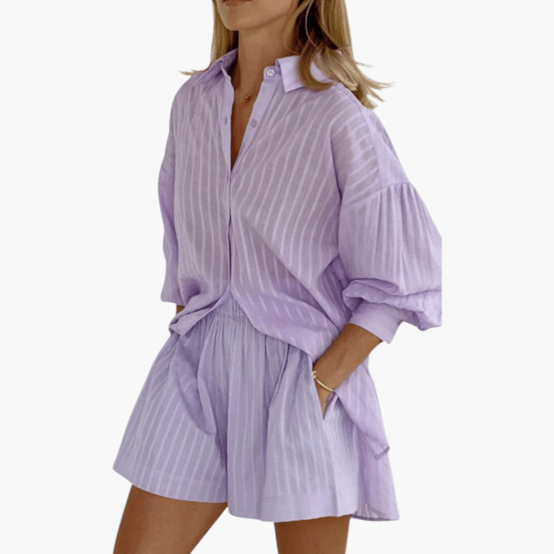 Two-piece summer set for women with buttoned shirt