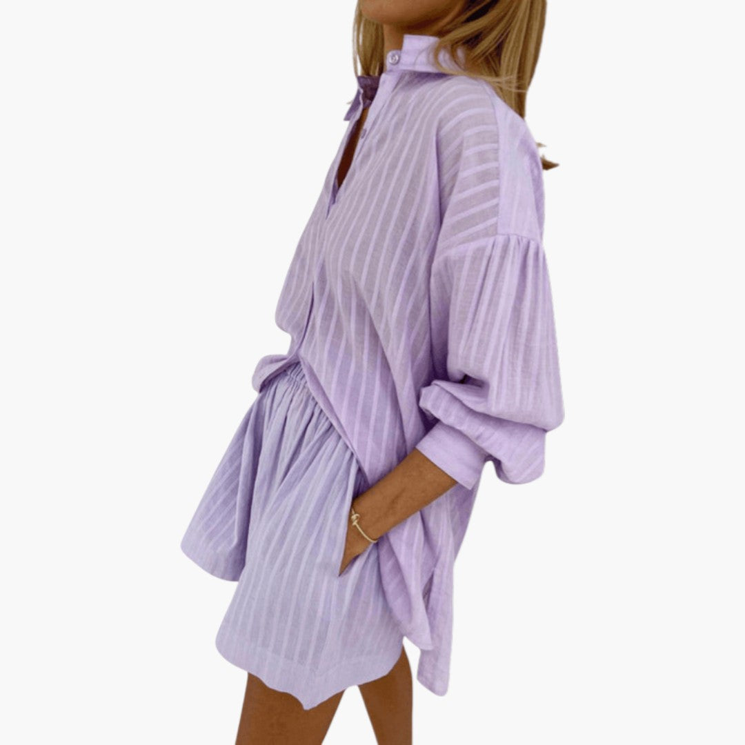 Two-piece summer set for women with buttoned shirt