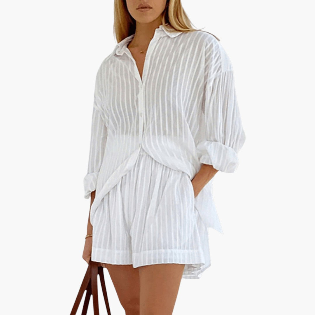 Two-piece summer set for women with buttoned shirt