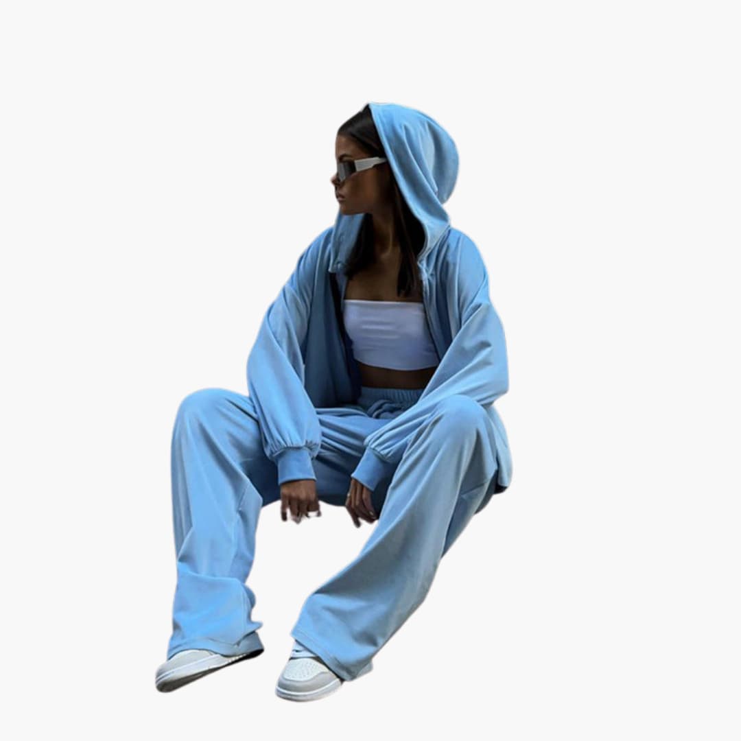Completo da jogging donna con giacca con cappuccio e zip e pantaloni larghi
