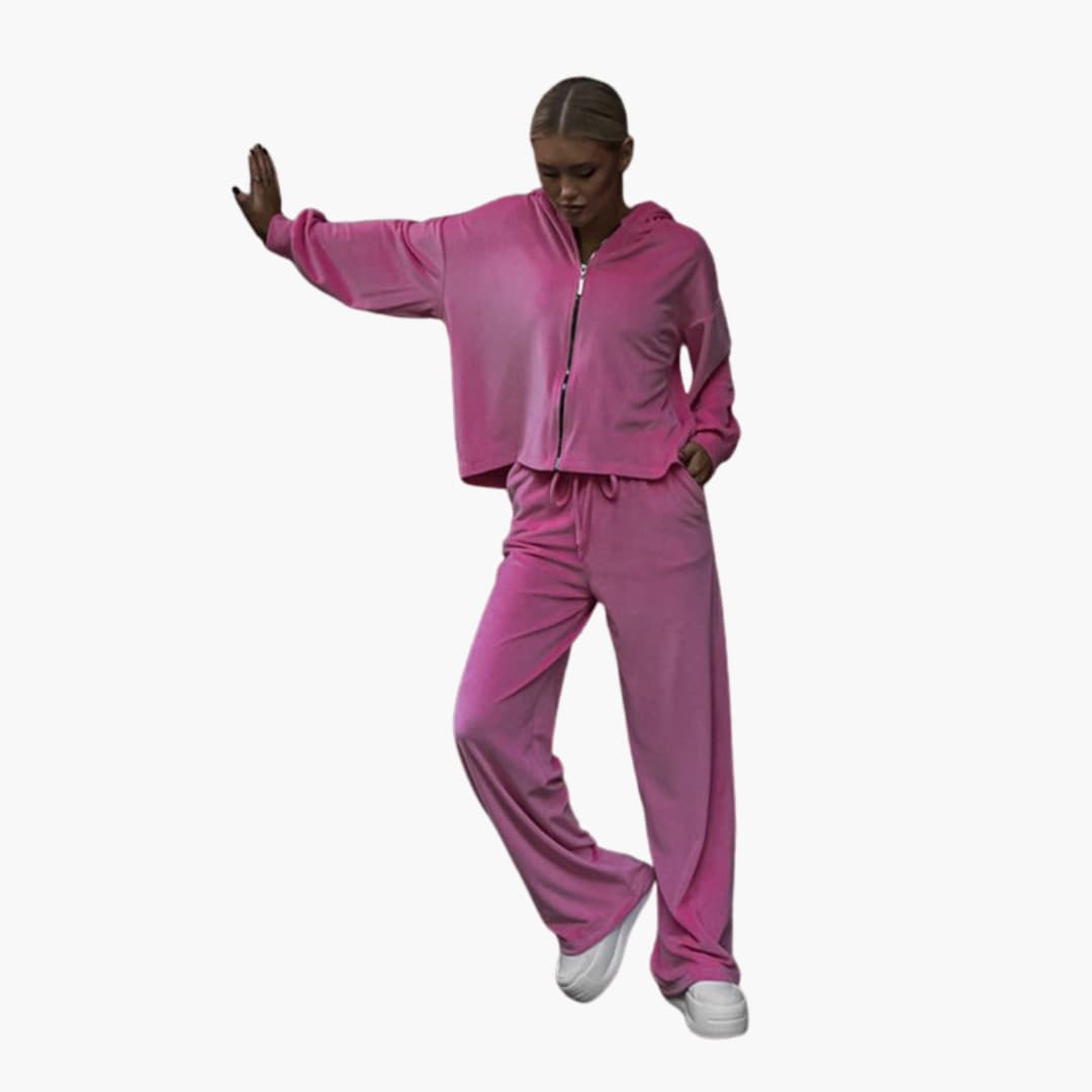 Completo da jogging donna con giacca con cappuccio e zip e pantaloni larghi