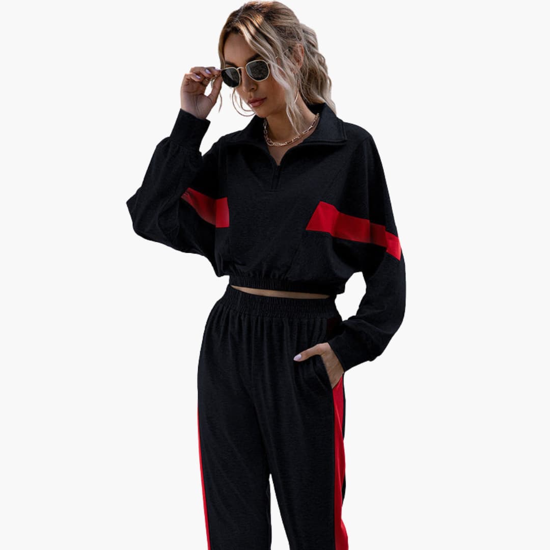 Conjunto de desporto feminino com gola com fecho e punhos elásticos