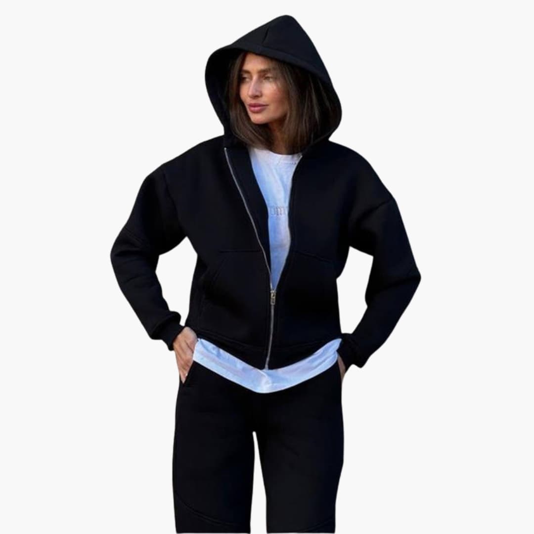 Conjunto de desporto feminino com top de mangas compridas e calças com bolsos