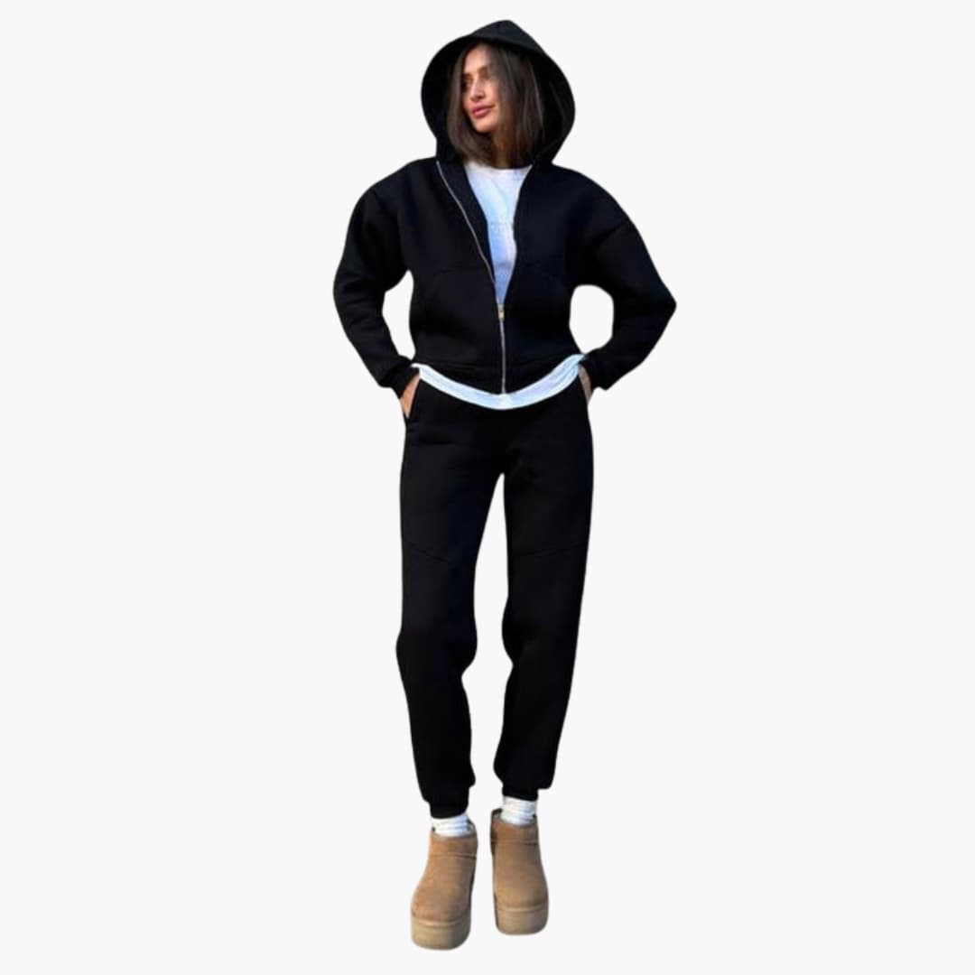 Conjunto de desporto feminino com top de mangas compridas e calças com bolsos