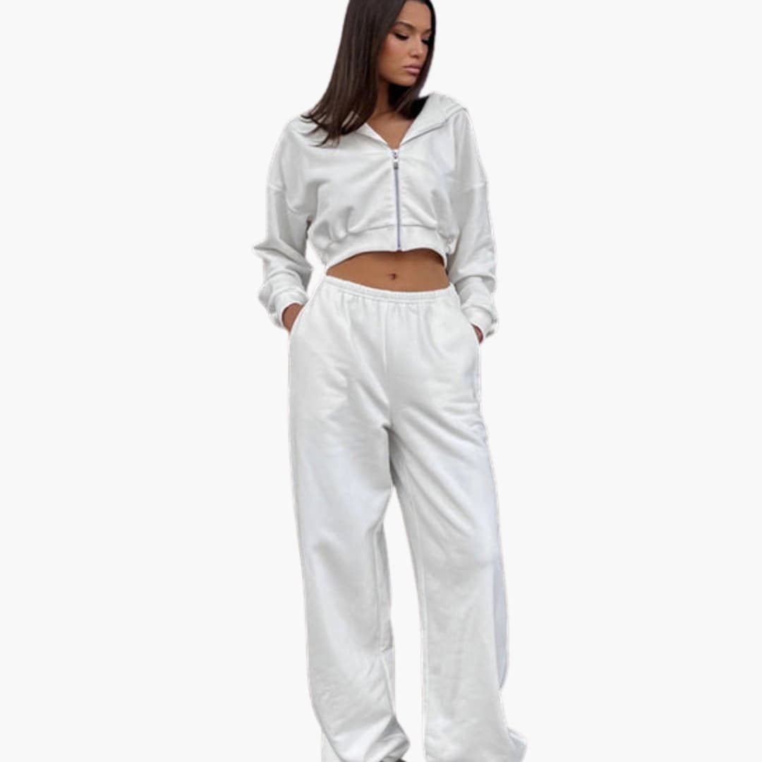 Completo sportivo donna con felpa corta con cappuccio e pantaloni a vita elastica