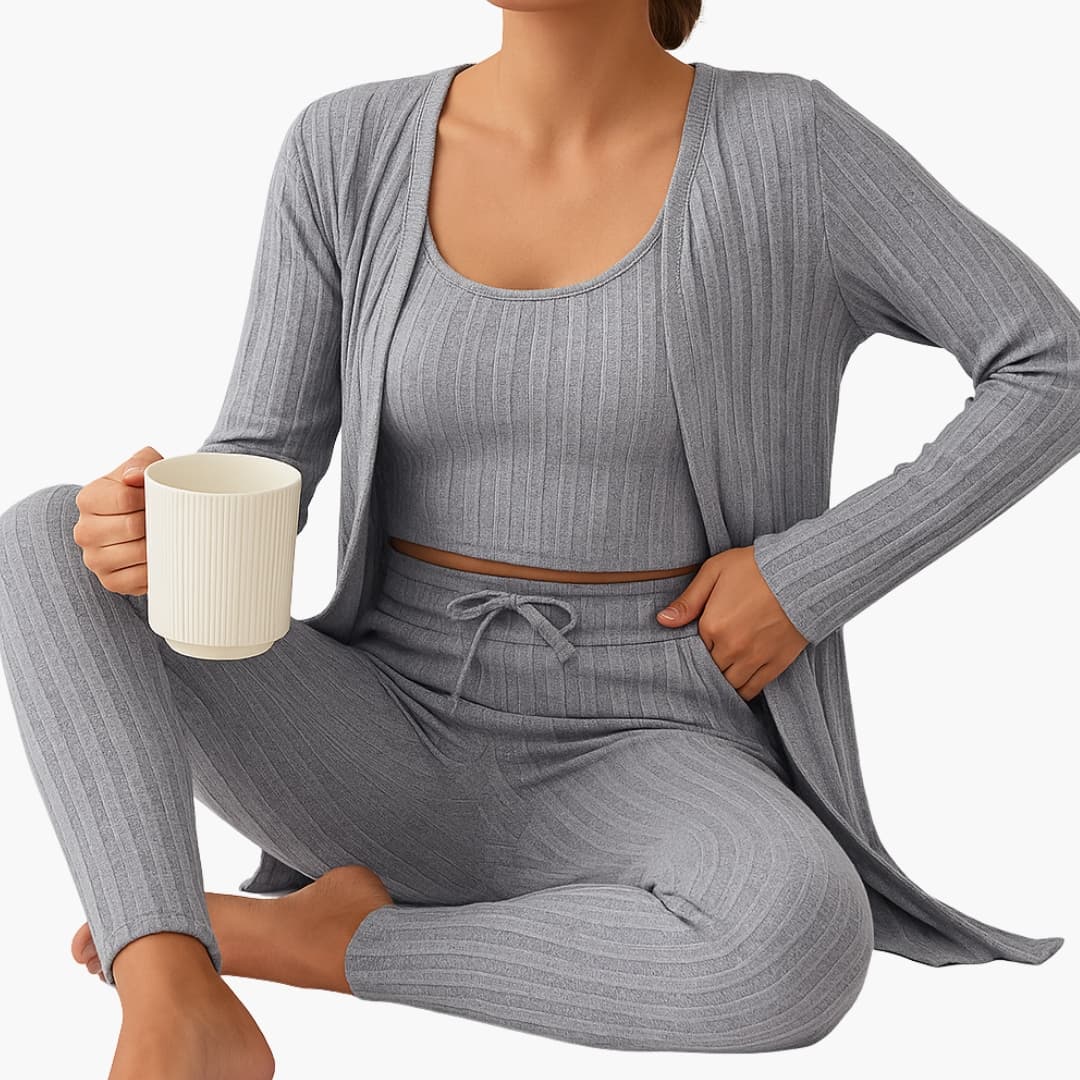 Ensemble détente et pyjama femme 3 pièces en maille côtelée avec gilet crop top et pantalon
