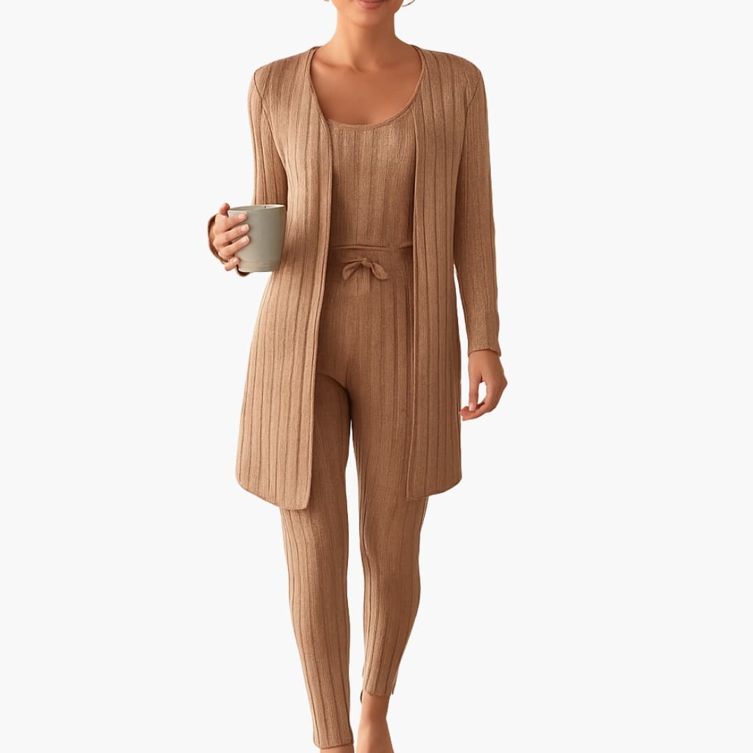 Ensemble détente et pyjama femme 3 pièces en maille côtelée avec gilet crop top et pantalon