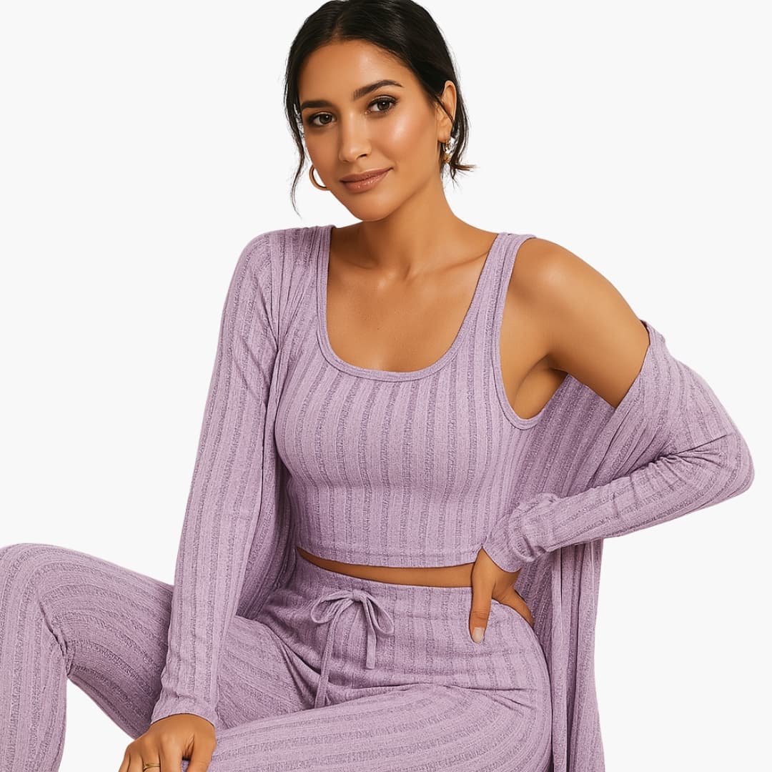 Ensemble détente et pyjama femme 3 pièces en maille côtelée avec gilet crop top et pantalon