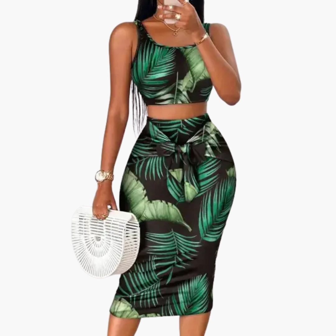 Ensemble femme avec haut court et jupe midi à motif feuilles