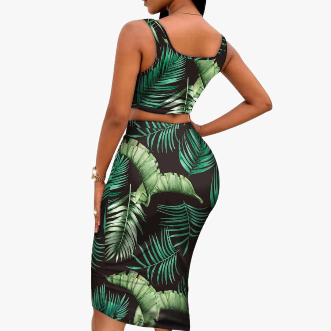 Ensemble femme avec haut court et jupe midi à motif feuilles