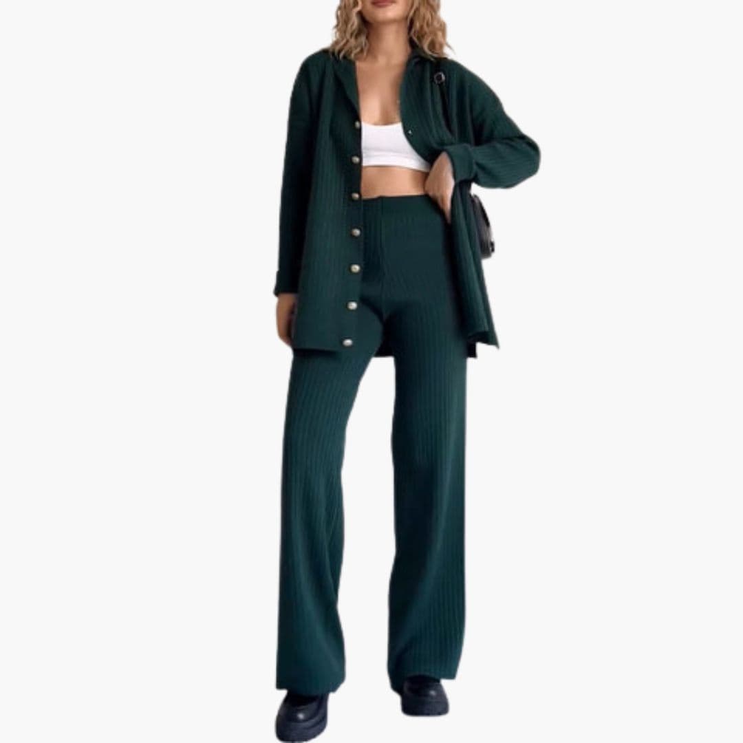 Ensemble femme cardigan côtelé à boutons et pantalon