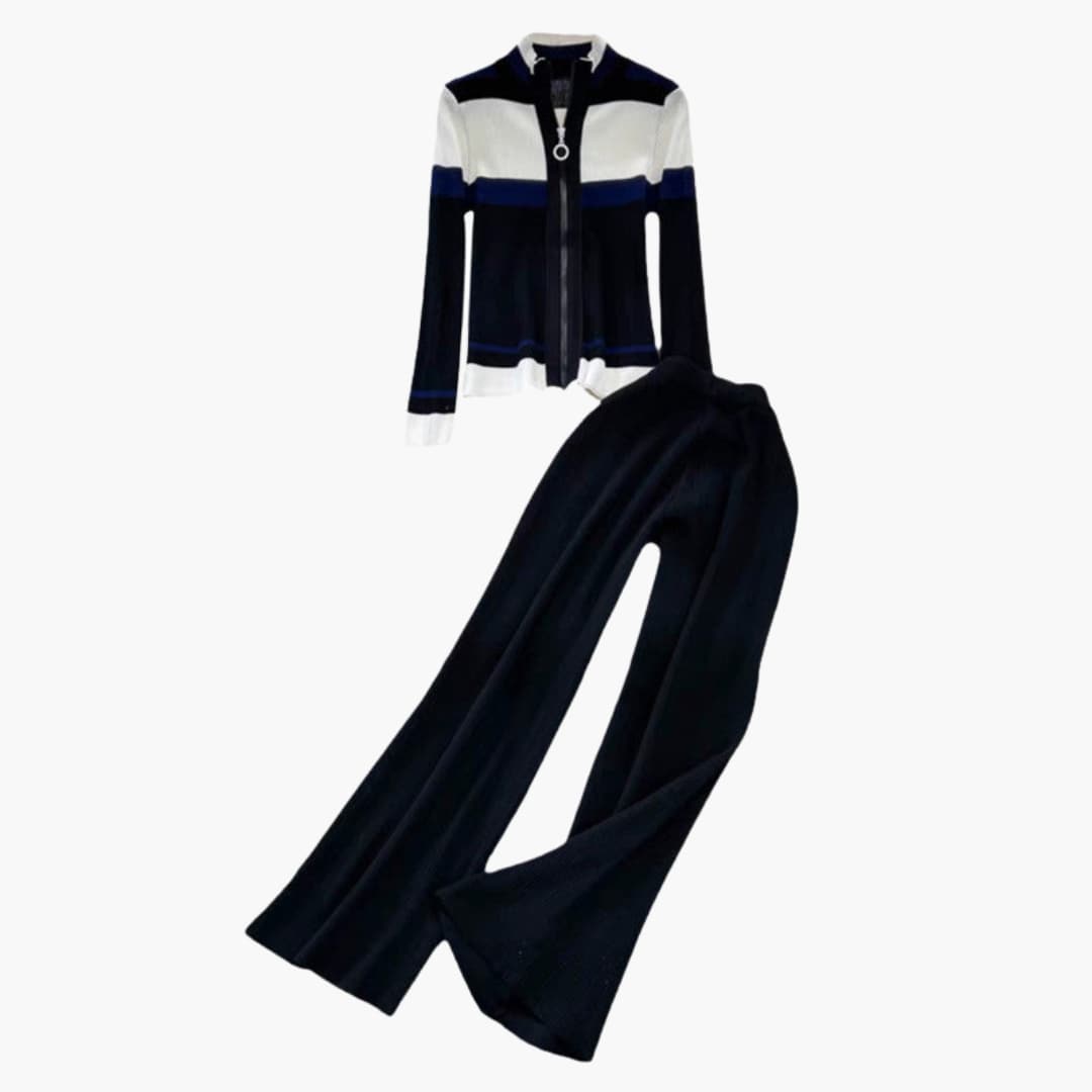 Conjunto feminino com cardigan com fecho e calças evasé com padrão