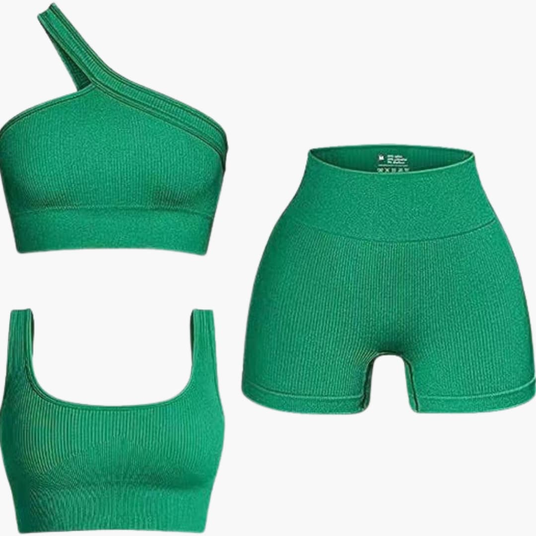 Completo donna due pezzi con top asimmetrico e pantaloncini a vita alta