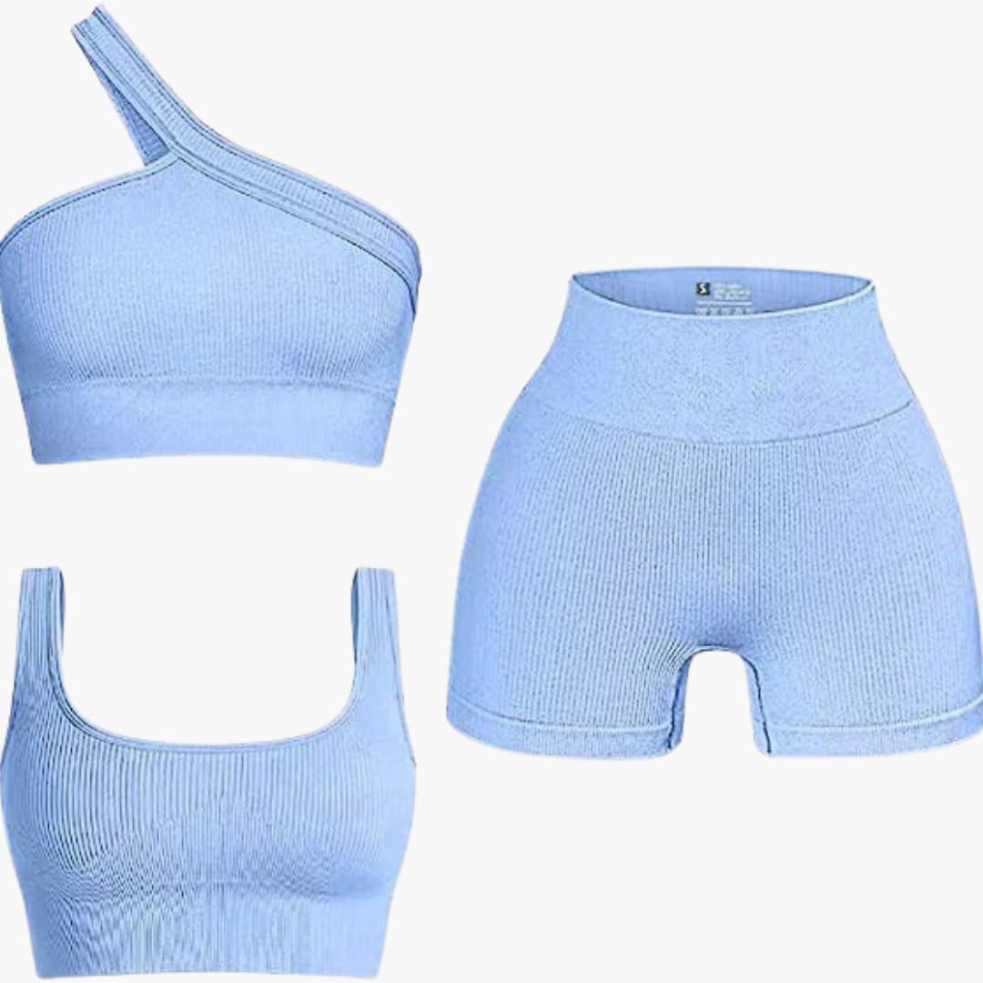 Completo donna due pezzi con top asimmetrico e pantaloncini a vita alta