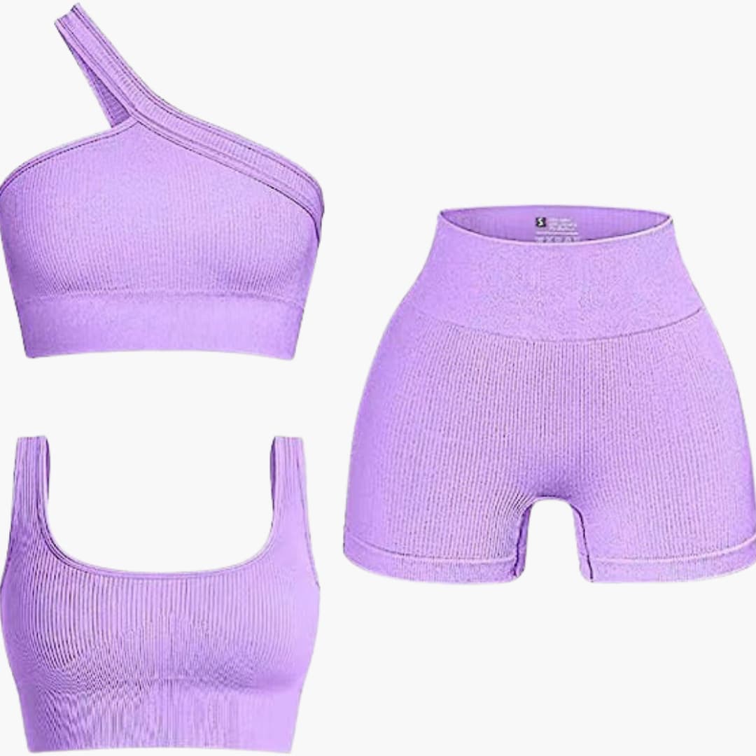 Completo donna due pezzi con top asimmetrico e pantaloncini a vita alta