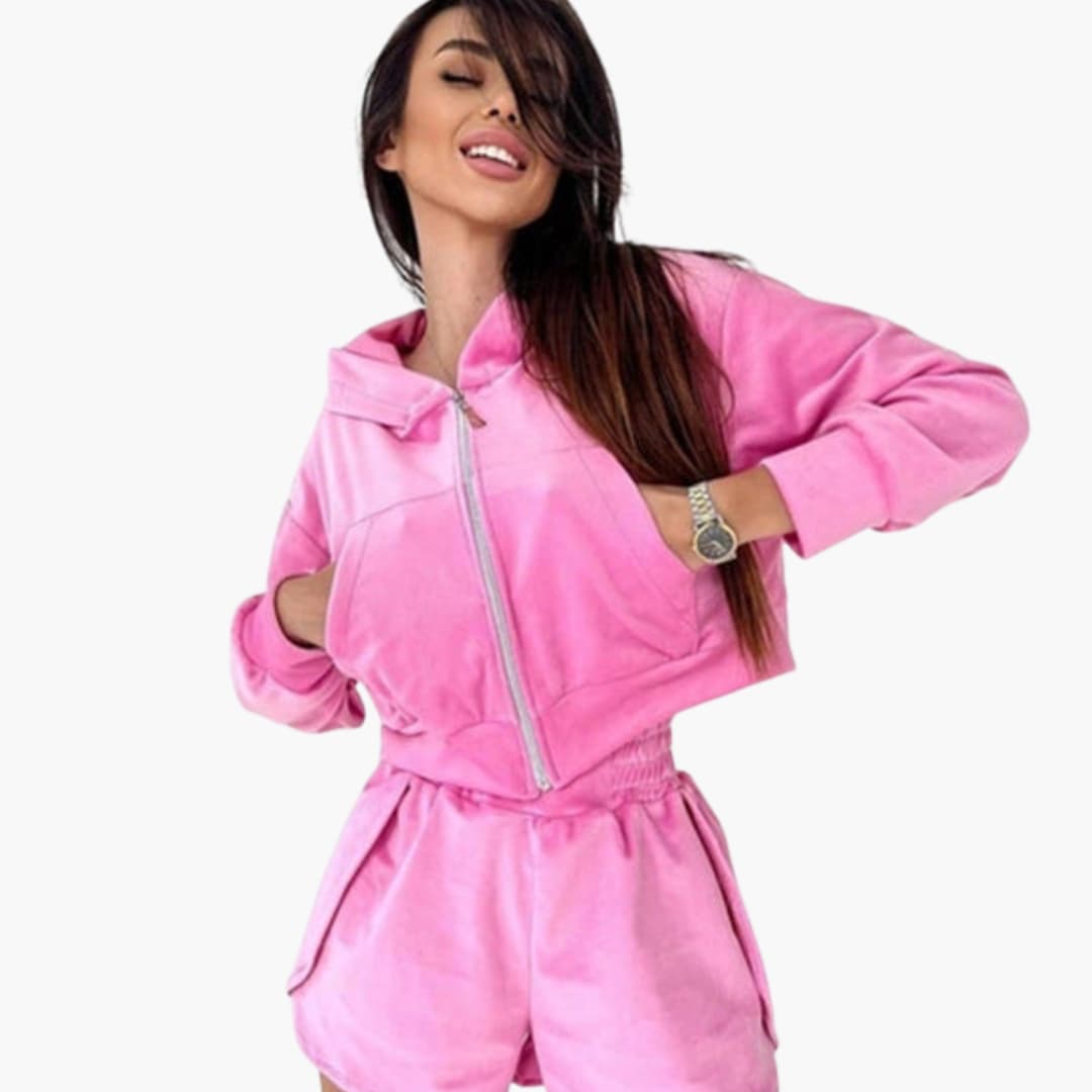 Completo donna felpa corta con cappuccio e pantaloncini con chiusura lampo e vita elastica