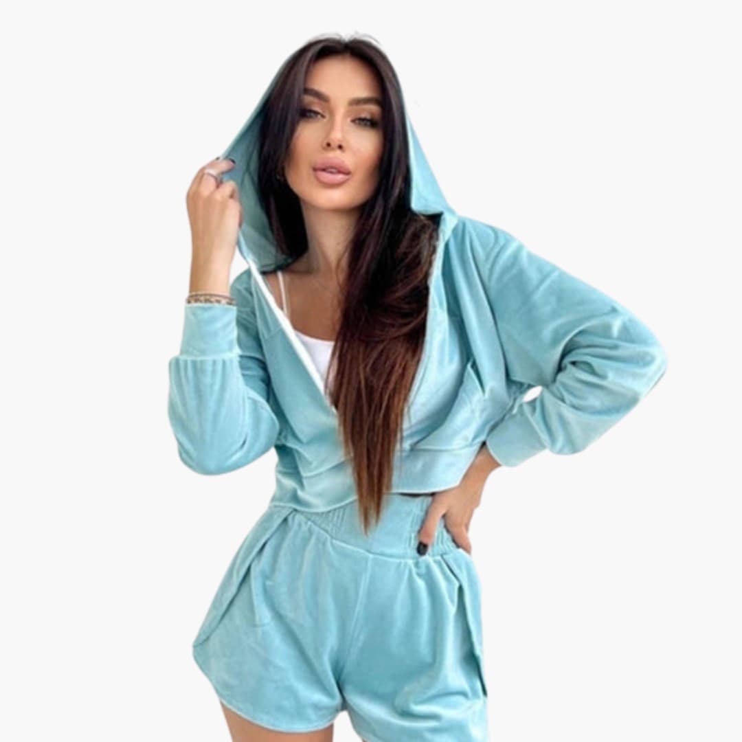 Completo donna felpa corta con cappuccio e pantaloncini con chiusura lampo e vita elastica