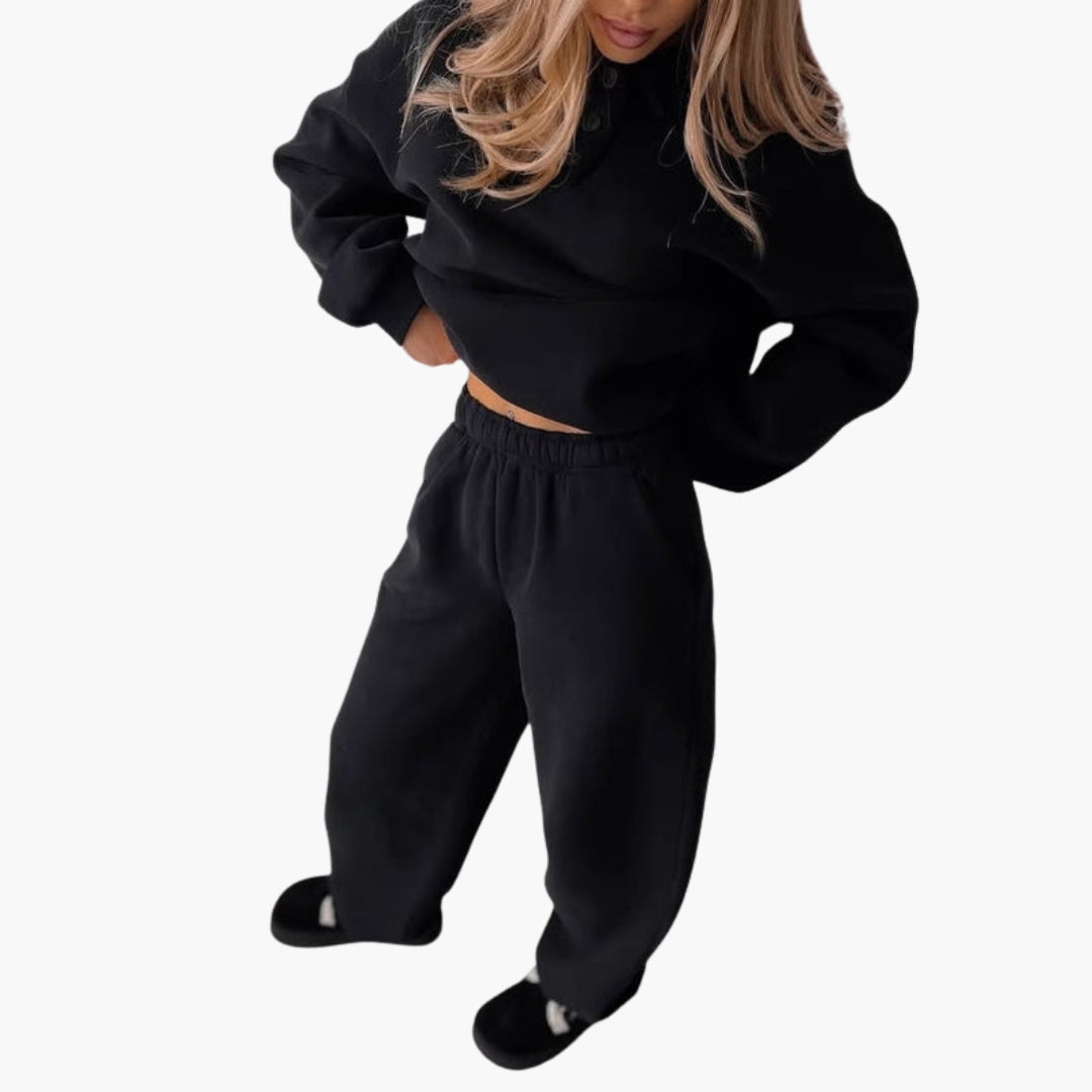 Completo in pile donna con maglia a collo alto polo e pantaloni larghi