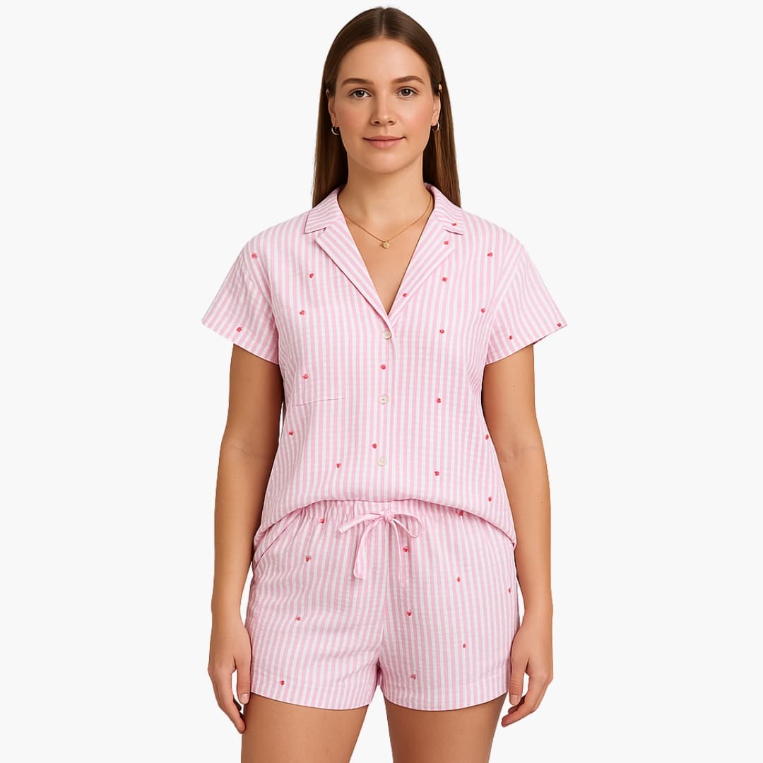Ensemble pyjama femme 2 pièces à rayures avec chemise boutonnée et short à cordon