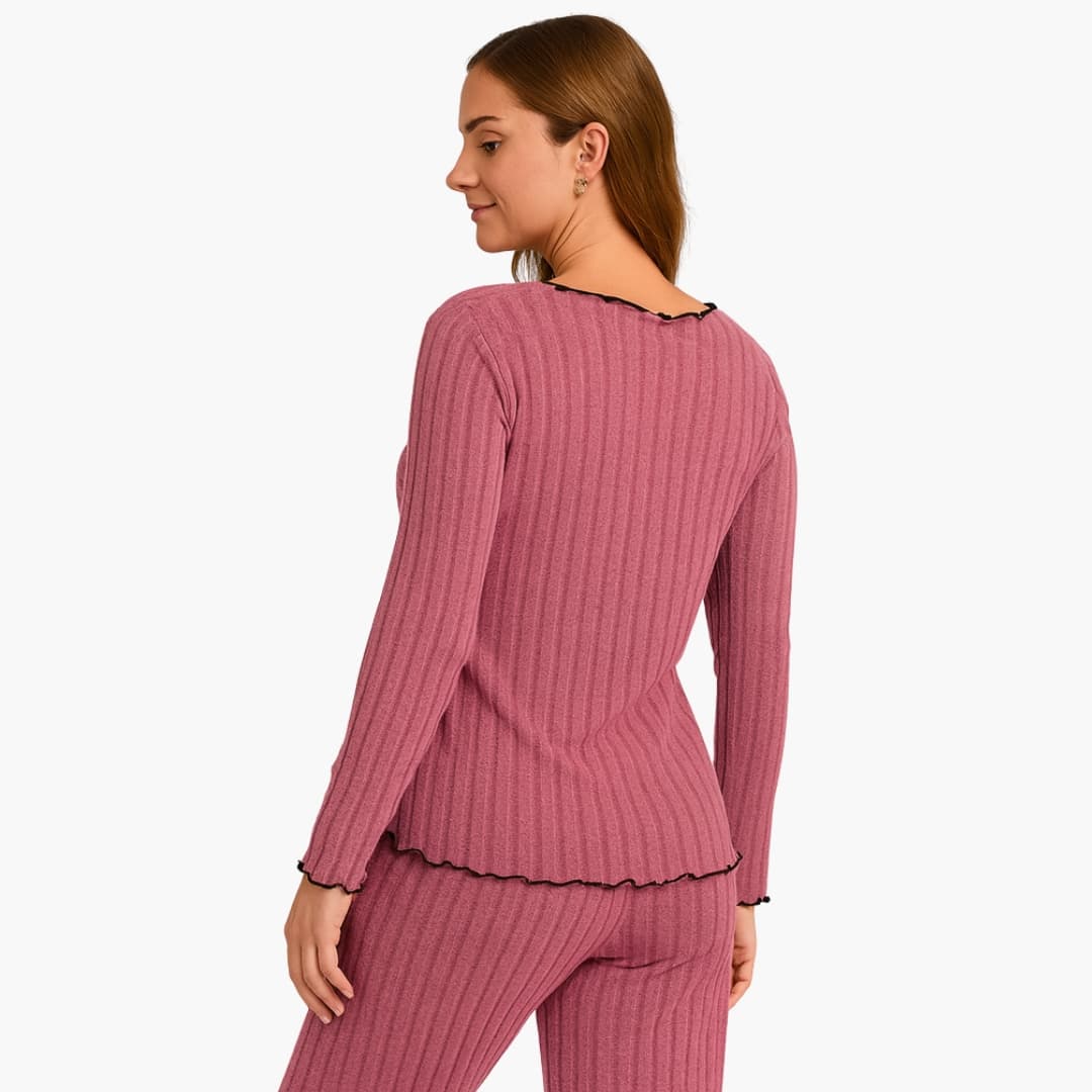 Ensemble pyjama femme côtelé à manches longues avec finitions festonnées