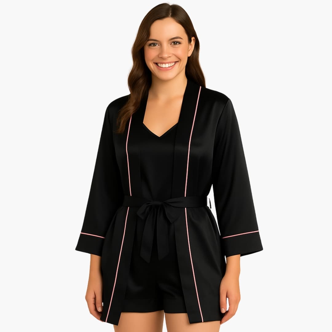 Ensemble pyjama femme en satin 3 pièces avec peignoir caraco et short