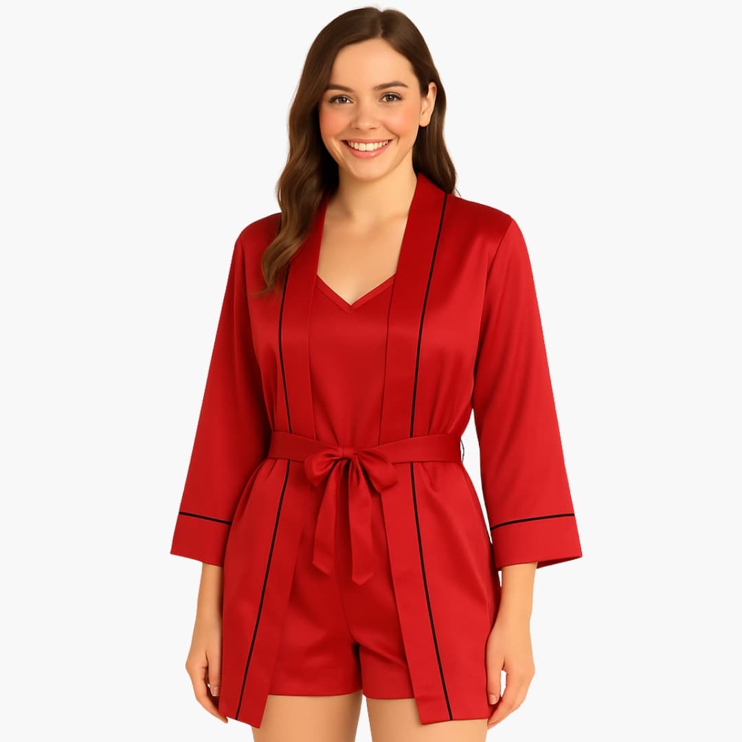 Ensemble pyjama femme en satin 3 pièces avec peignoir caraco et short