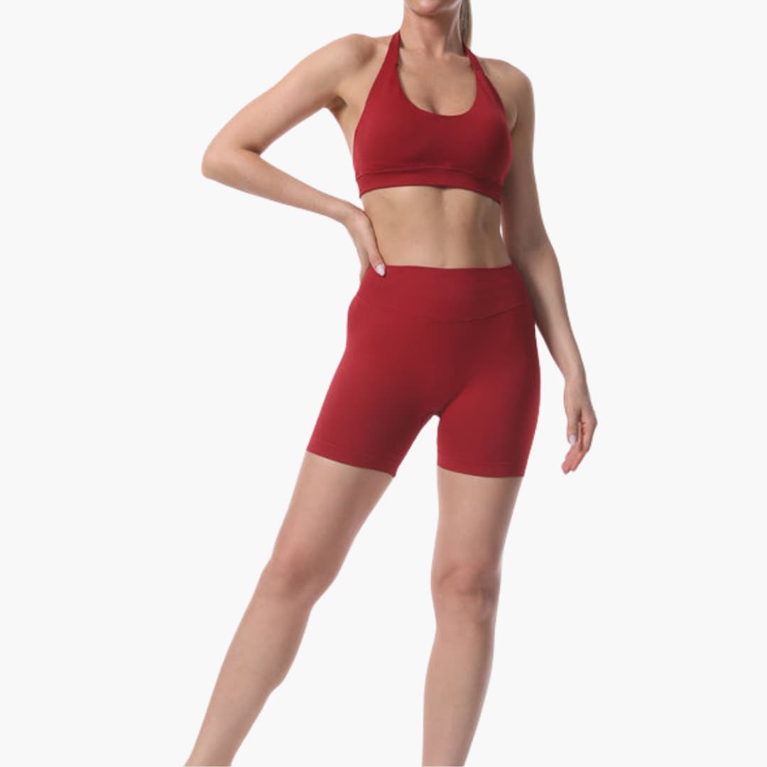 Completo reggiseno sportivo e pantaloncini da donna con schiena a nuotatore e vita elastica