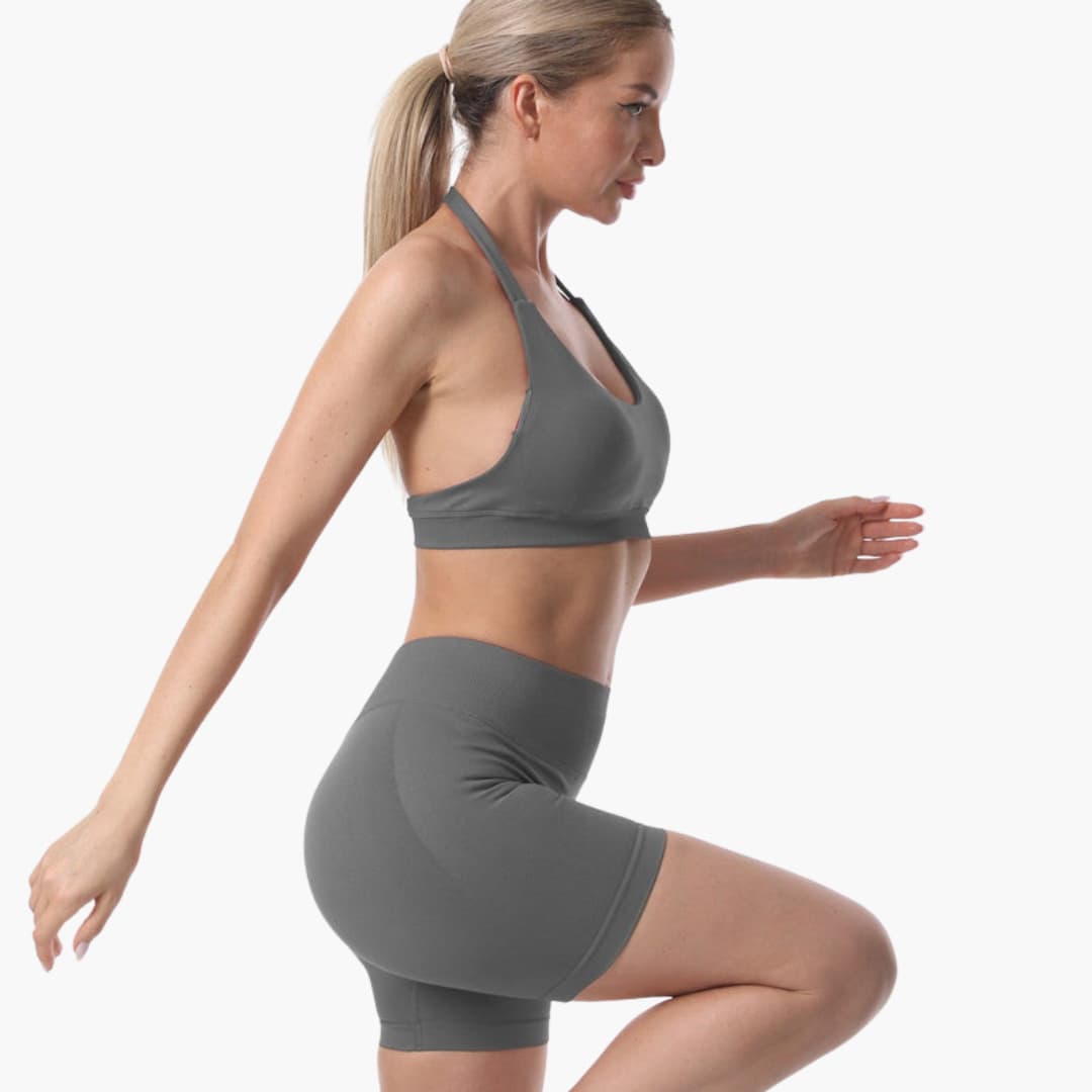 Completo reggiseno sportivo e pantaloncini da donna con schiena a nuotatore e vita elastica