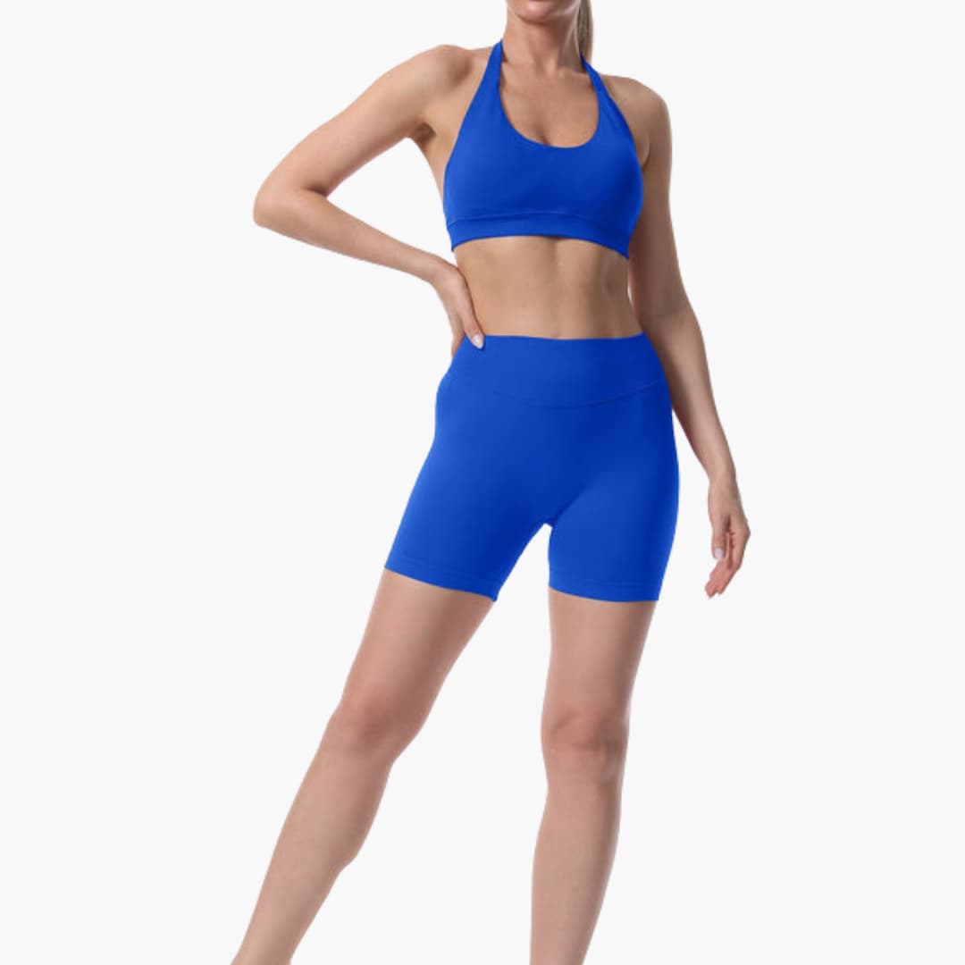 Completo reggiseno sportivo e pantaloncini da donna con schiena a nuotatore e vita elastica