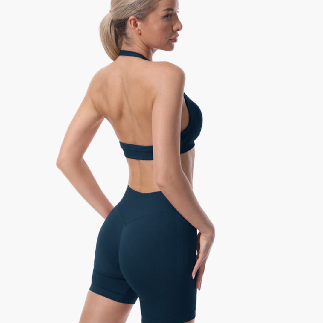 Completo reggiseno sportivo e pantaloncini da donna con schiena a nuotatore e vita elastica
