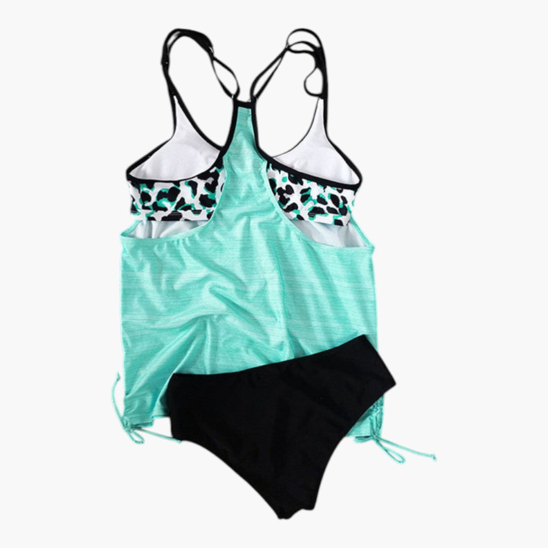 Ensemble tankini femmes a haut uni et bas imprimé léopard