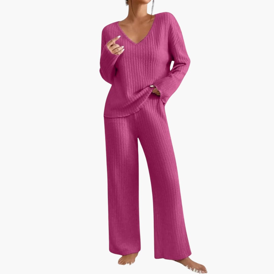 Ensemble tricoté côtelé deux pièces pour femme avec haut à col en V et pantalon à jambes larges